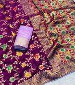 Wine khadi georgette silk saree with floral weaving & multi zari pallu