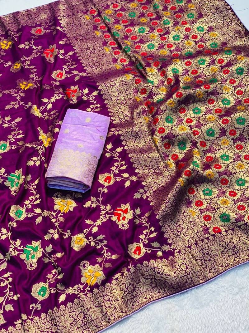 Wine khadi georgette silk saree with floral weaving & multi zari pallu