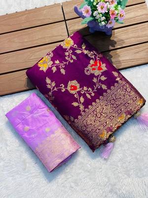 Wine khadi georgette silk saree with floral weaving & multi zari pallu 2