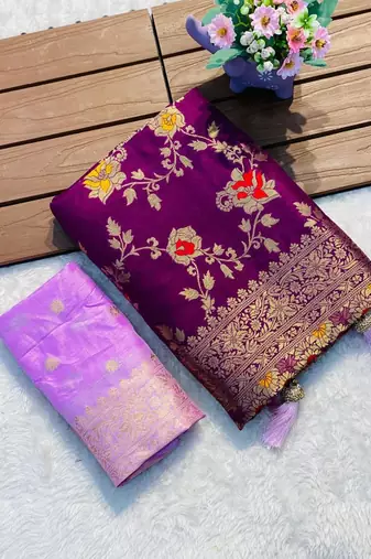 Wine khadi georgette silk saree with floral weaving & multi zari pallu