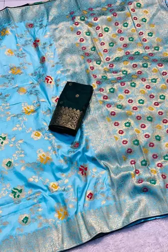 Sky blue khadi georgette silk saree with floral weaving & multi zari pallu