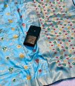 Sky blue khadi georgette silk saree with floral weaving & multi zari pallu