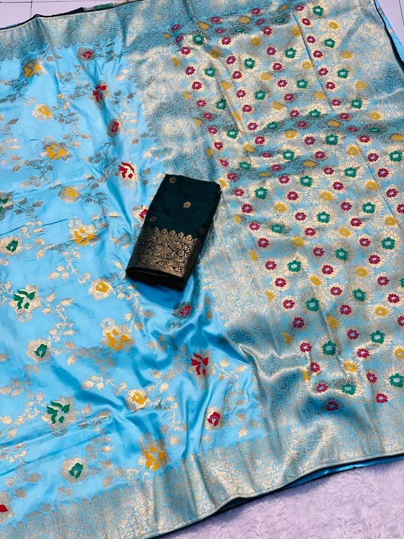 Sky blue khadi georgette silk saree with floral weaving & multi zari pallu