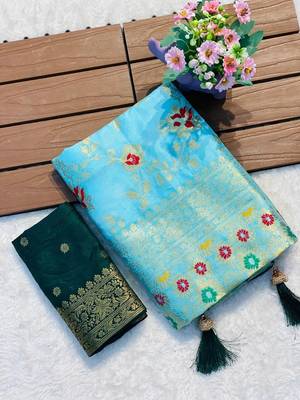 Sky blue khadi georgette silk saree with floral weaving & multi zari pallu 2