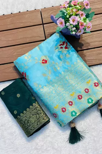 Sky blue khadi georgette silk saree with floral weaving & multi zari pallu