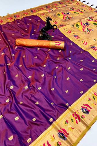 Magenta soft silk paithani saree with lotus zari weaving & meenakari border