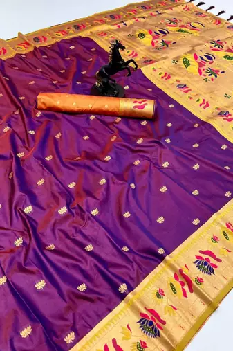 Magenta soft silk paithani saree with lotus zari weaving & meenakari border