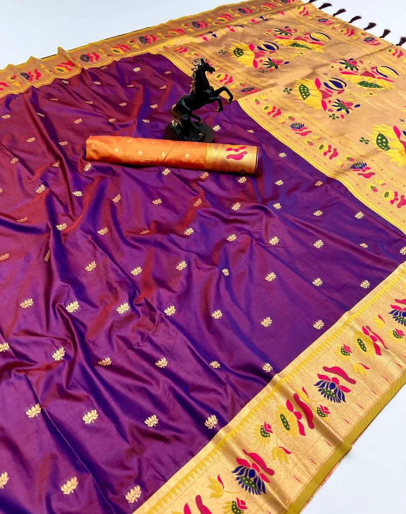 Magenta soft silk paithani saree with lotus zari weaving & meenakari border