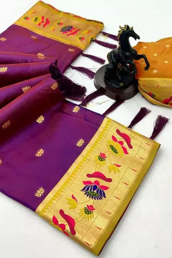 Magenta soft silk paithani saree with lotus zari weaving & meenakari border