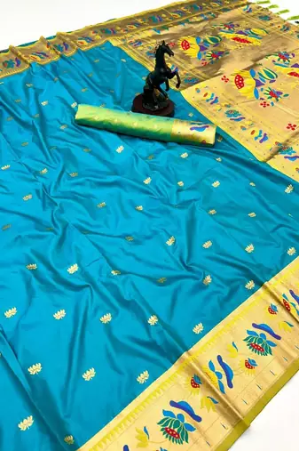 Sky blue soft silk paithani saree with lotus zari weaving & meenakari border