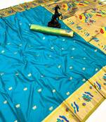 Sky blue soft silk paithani saree with lotus zari weaving & meenakari border