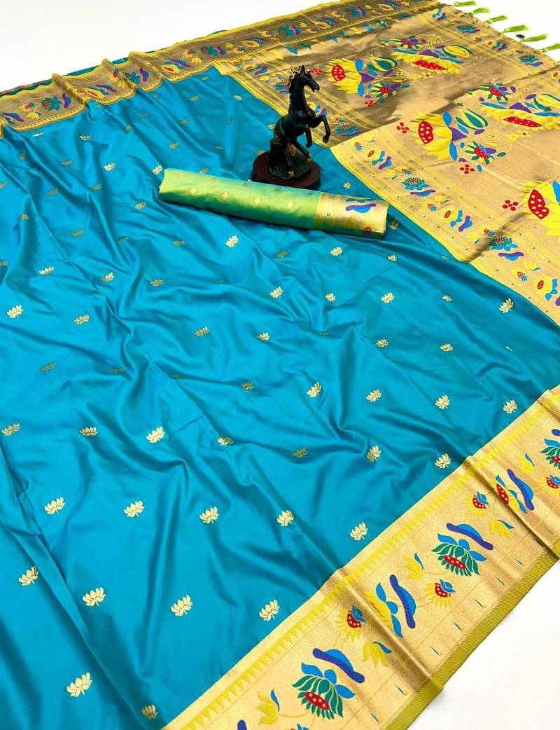 Sky blue soft silk paithani saree with lotus zari weaving & meenakari border
