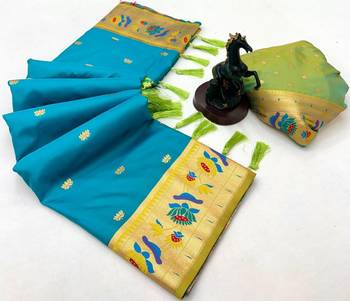 Sky blue soft silk paithani saree with lotus zari weaving & meenakari border 2