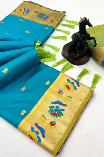 Sky blue soft silk paithani saree with lotus zari weaving & meenakari border