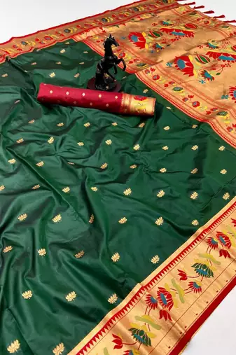 Green soft silk paithani saree with lotus zari weaving & meenakari border