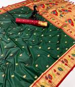 Green soft silk paithani saree with lotus zari weaving & meenakari border