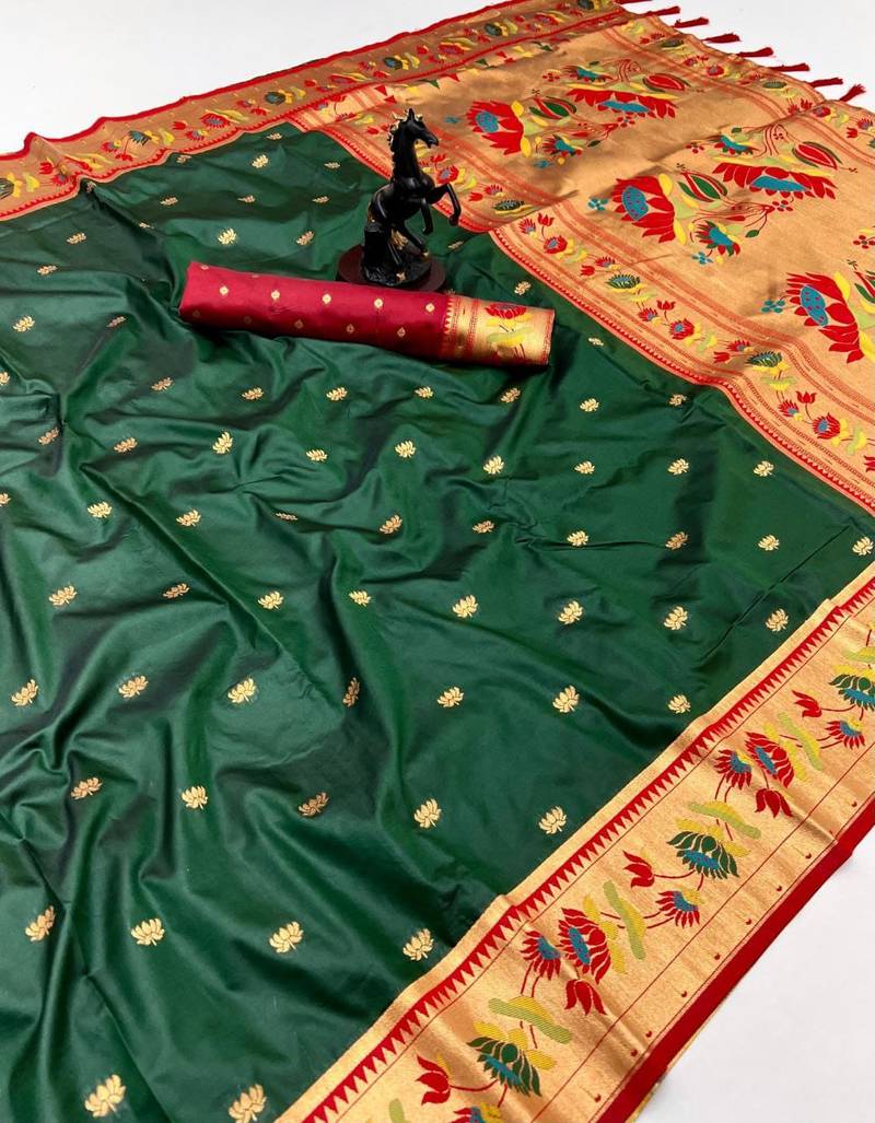 Green soft silk paithani saree with lotus zari weaving & meenakari border
