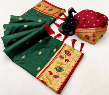 Green soft silk paithani saree with lotus zari weaving & meenakari border 2