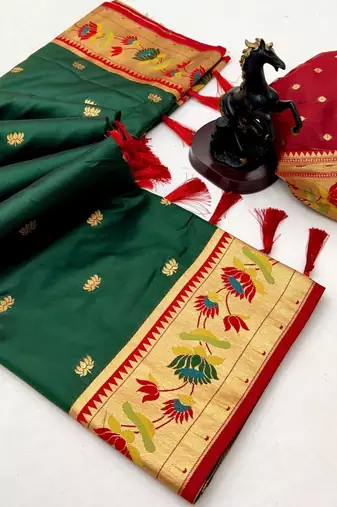 Green soft silk paithani saree with lotus zari weaving & meenakari border