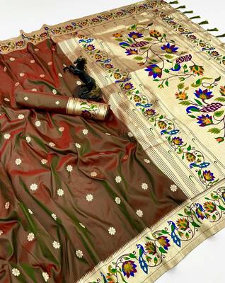 Brown soft silk paithani saree with peacock meena zari border & rich pallu 1