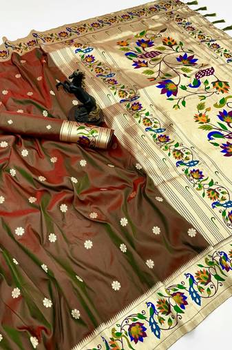 Brown soft silk paithani saree with peacock meena zari border & rich pallu