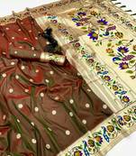 Brown soft silk paithani saree with peacock meena zari border & rich pallu