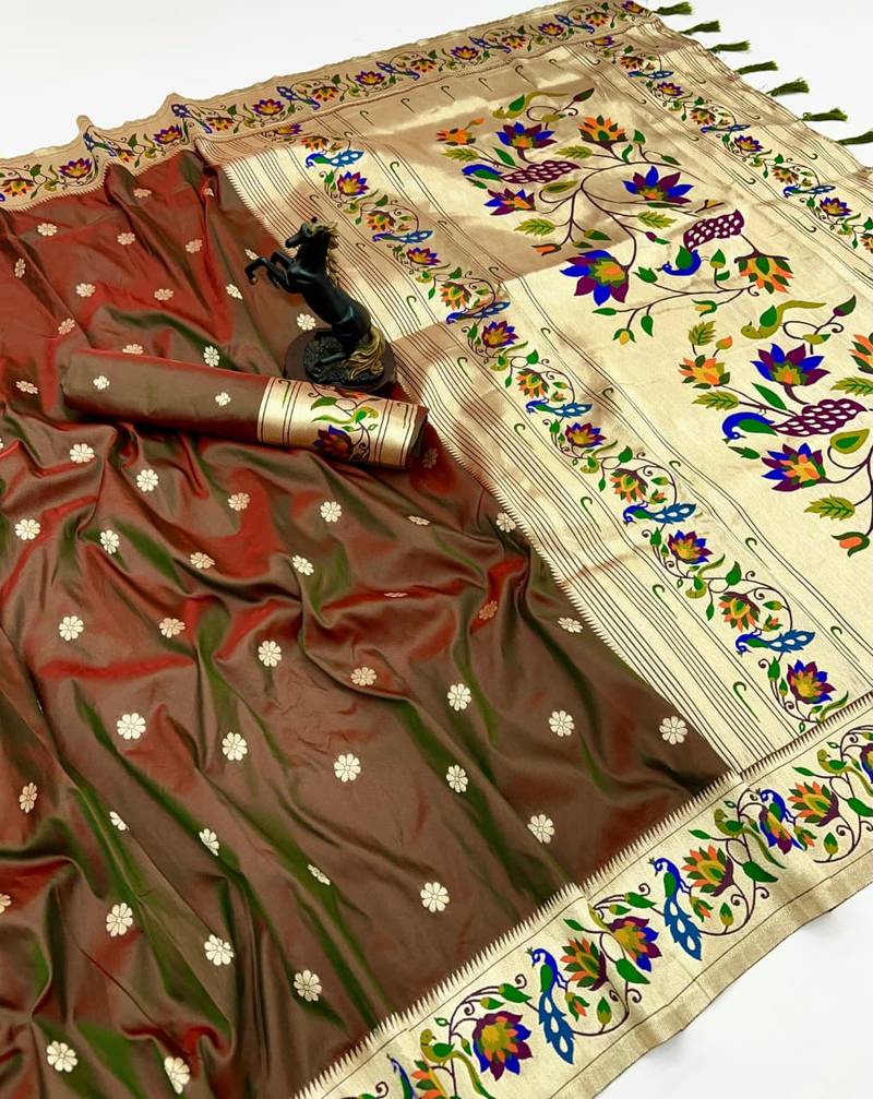 Brown soft silk paithani saree with peacock meena zari border & rich pallu
