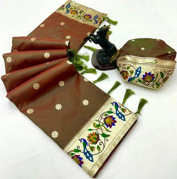 Brown soft silk paithani saree with peacock meena zari border & rich pallu 2