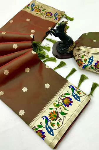 Brown soft silk paithani saree with peacock meena zari border & rich pallu