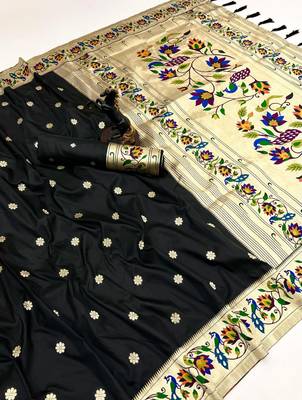 Black soft silk paithani saree with peacock meena zari border & rich pallu 1