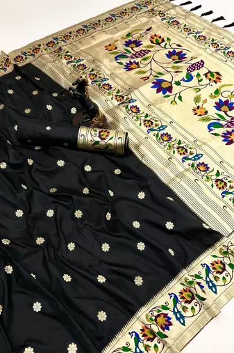 Black soft silk paithani saree with peacock meena zari border & rich pallu