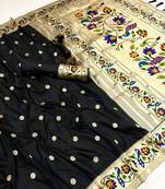Black soft silk paithani saree with peacock meena zari border & rich pallu