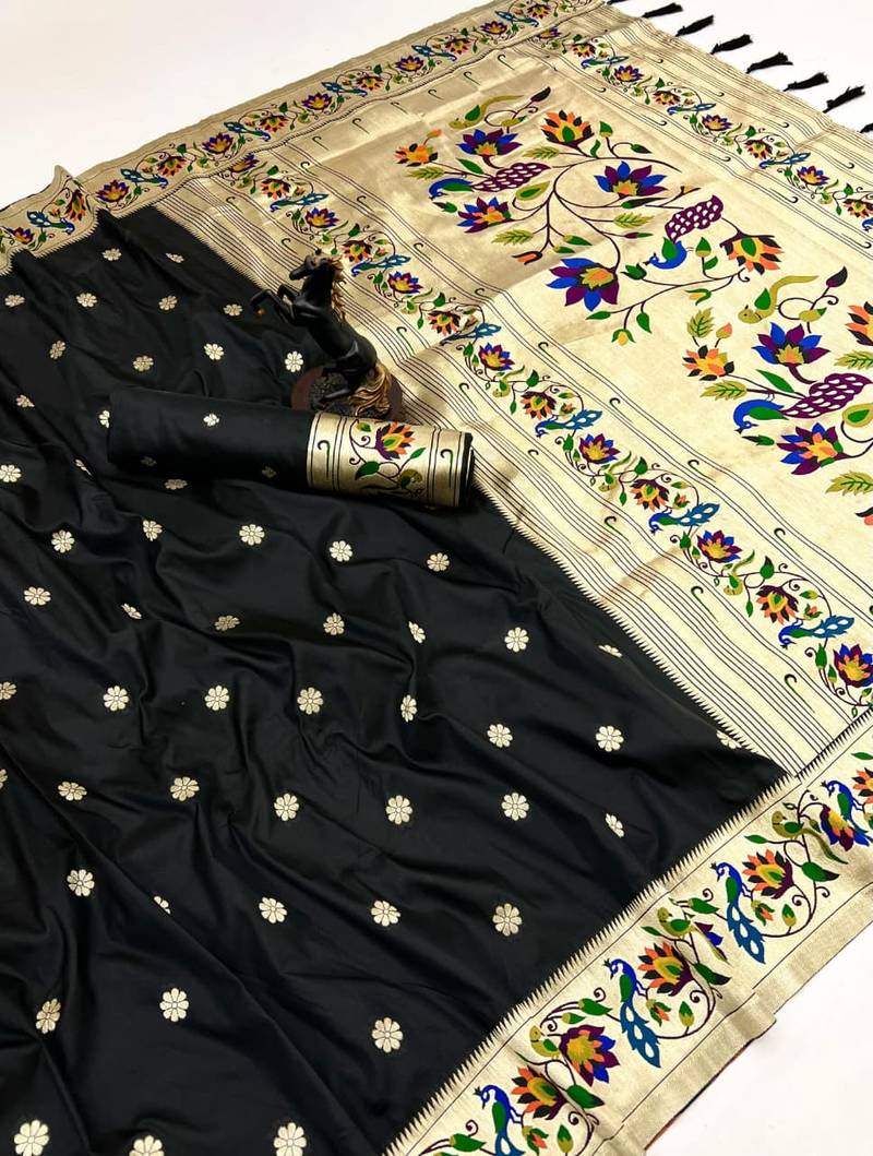 Black soft silk paithani saree with peacock meena zari border & rich pallu