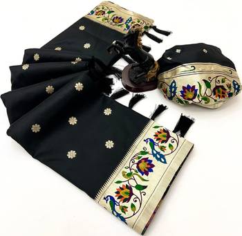 Black soft silk paithani saree with peacock meena zari border & rich pallu 2