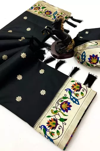 Black soft silk paithani saree with peacock meena zari border & rich pallu