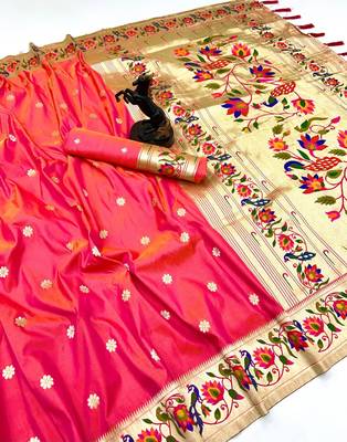 Hot pink soft silk paithani saree with peacock meena zari border & rich pallu 1