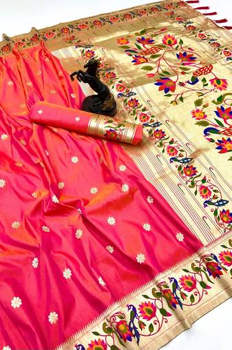 Hot pink soft silk paithani saree with peacock meena zari border & rich pallu
