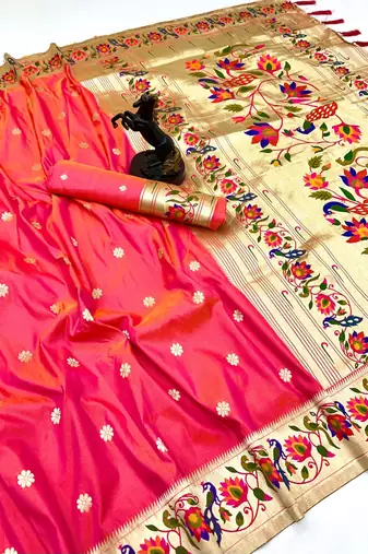 Hot pink soft silk paithani saree with peacock meena zari border & rich pallu
