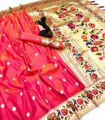 Hot pink soft silk paithani saree with peacock meena zari border & rich pallu