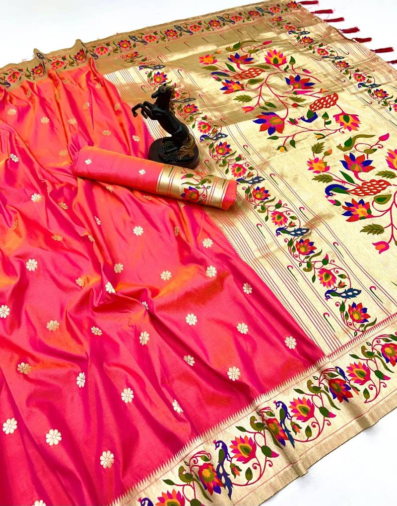 Hot pink soft silk paithani saree with peacock meena zari border & rich pallu