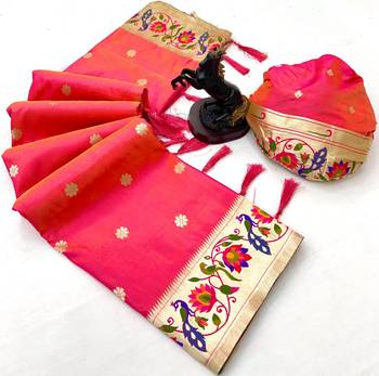 Hot pink soft silk paithani saree with peacock meena zari border & rich pallu 2