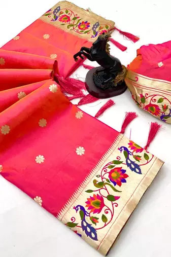 Hot pink soft silk paithani saree with peacock meena zari border & rich pallu