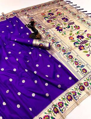Purple soft silk paithani saree with peacock meena zari border & rich pallu 1