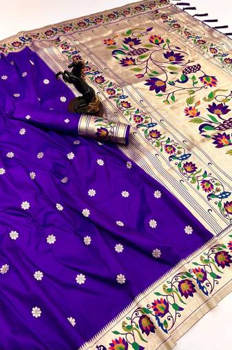 Purple soft silk paithani saree with peacock meena zari border & rich pallu