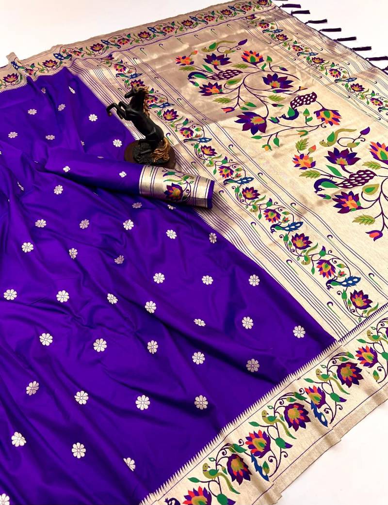 Purple soft silk paithani saree with peacock meena zari border & rich pallu
