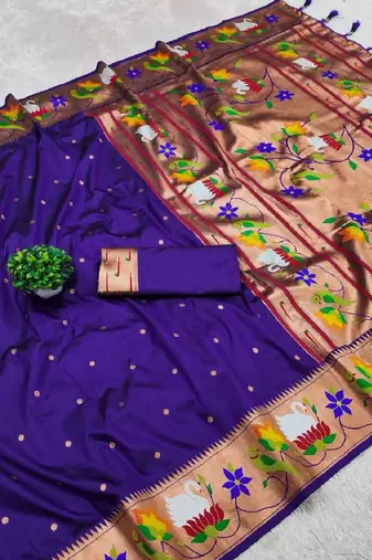 Purple soft silk paithani saree with peacock meena zari border & rich pallu