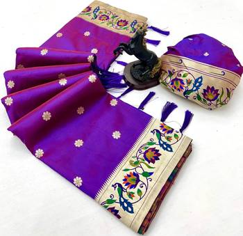 Purple soft silk paithani saree with peacock meena zari border & rich pallu 2