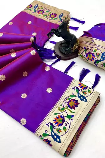 Purple soft silk paithani saree with peacock meena zari border & rich pallu
