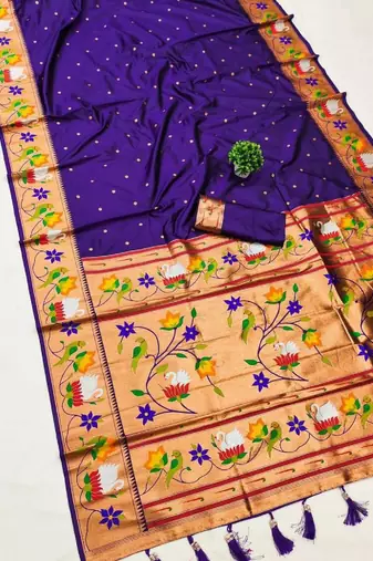 Purple soft silk paithani saree with peacock meena zari border & rich pallu