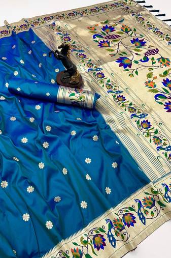 Teal soft silk paithani saree with peacock meena zari border & rich pallu